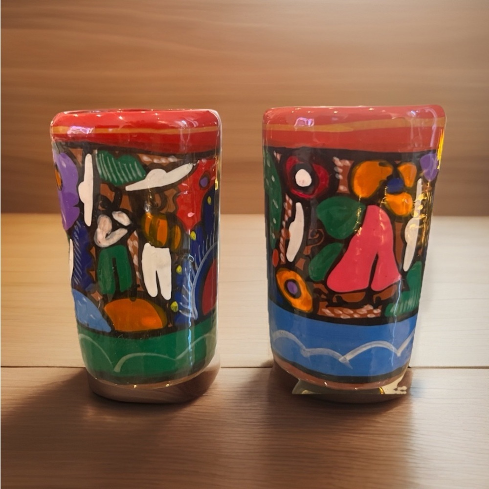 Set of 2 hand-painted tequila colorful clay shot glasses!!